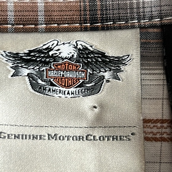 Harley Davidson Short Sleeve Brown Plaid Snap Button Down Blouse - Picture 6 of 9